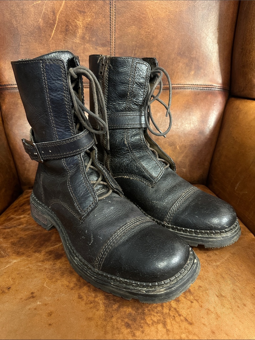 Bed Stu Gangster Dark Brown Leather Lace-Up Combat Boots with Side Zip & Buckle